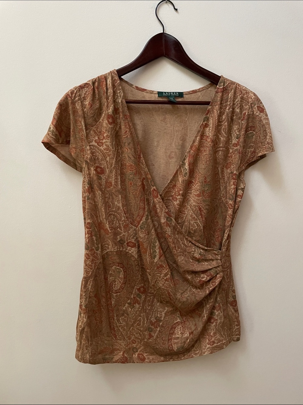 Lauren Ralph Lauren Rust Paisley Faux-Wrap Short Cap Sleeve Top 2000s Vintage
